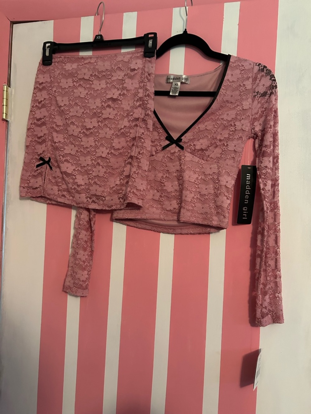 Madden Girl Pink Lace Crop Top and Mini Skirt Set with Black Trim